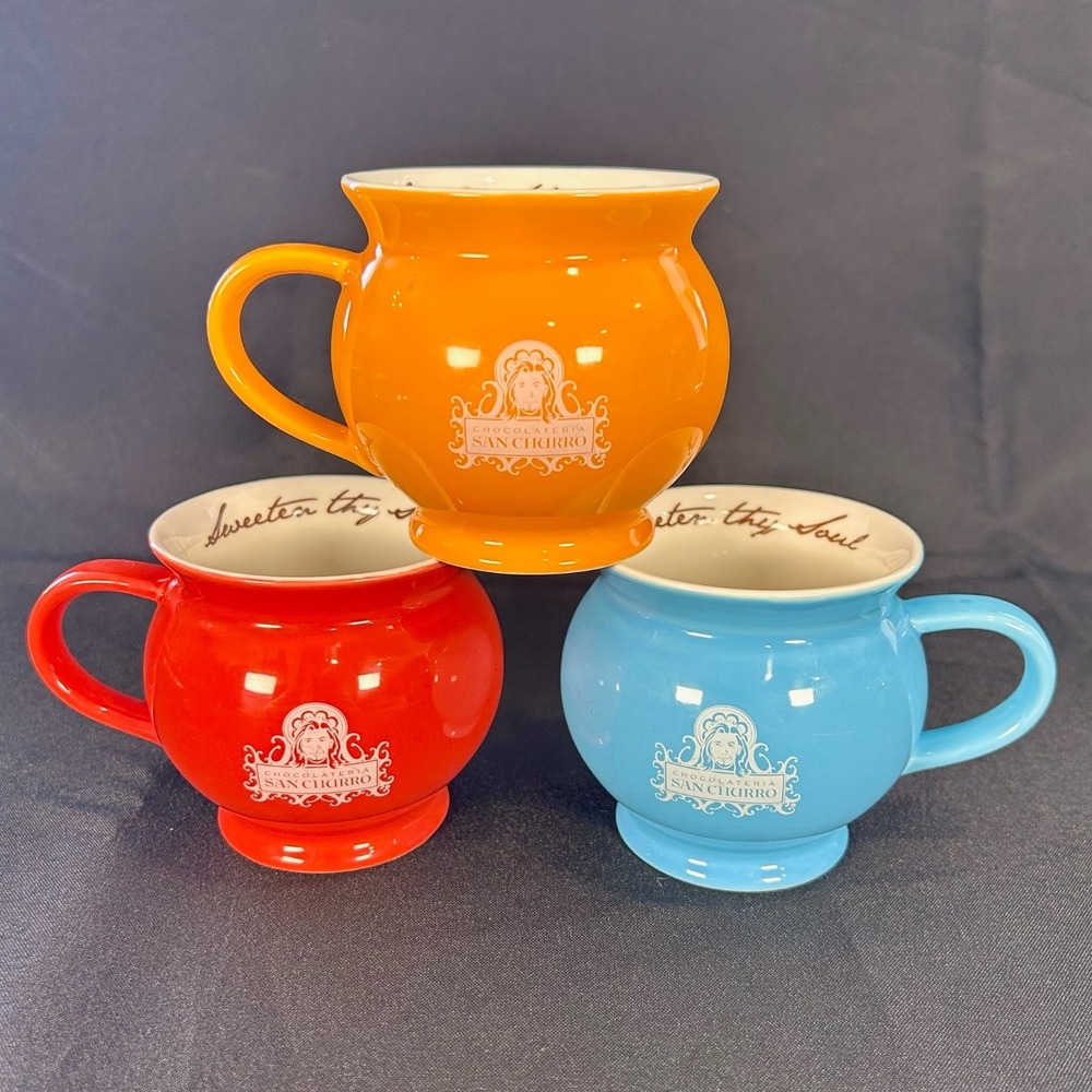 Set‎ of 3 Chocolateria San Churro Mugs Blue/Orange/Red Sweeten Thy Soul